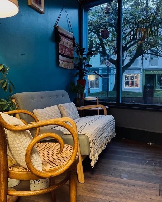 A corner by the shop window: a grey sofa and a bentwood chair against a teal wall, with plants.